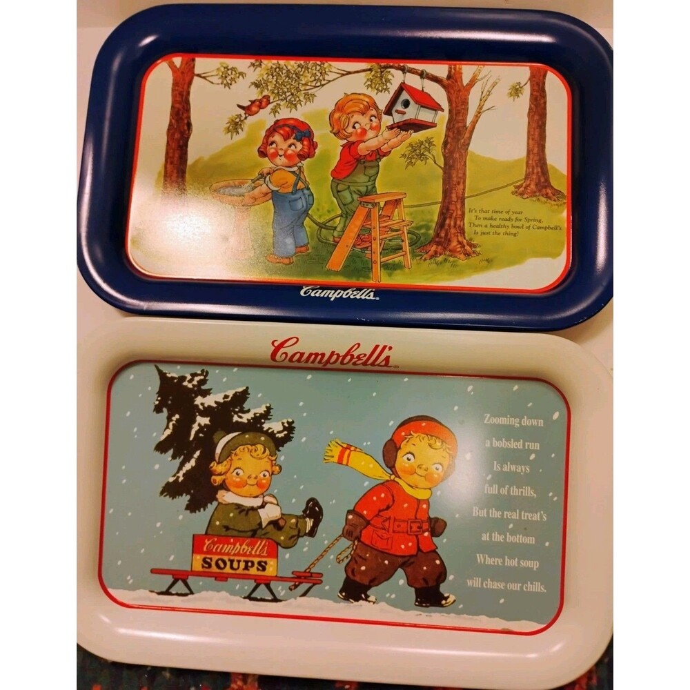 Vintage Campbells Soup Metal Serving Tray Lot Set of 2 Campbells Kids Seasonal